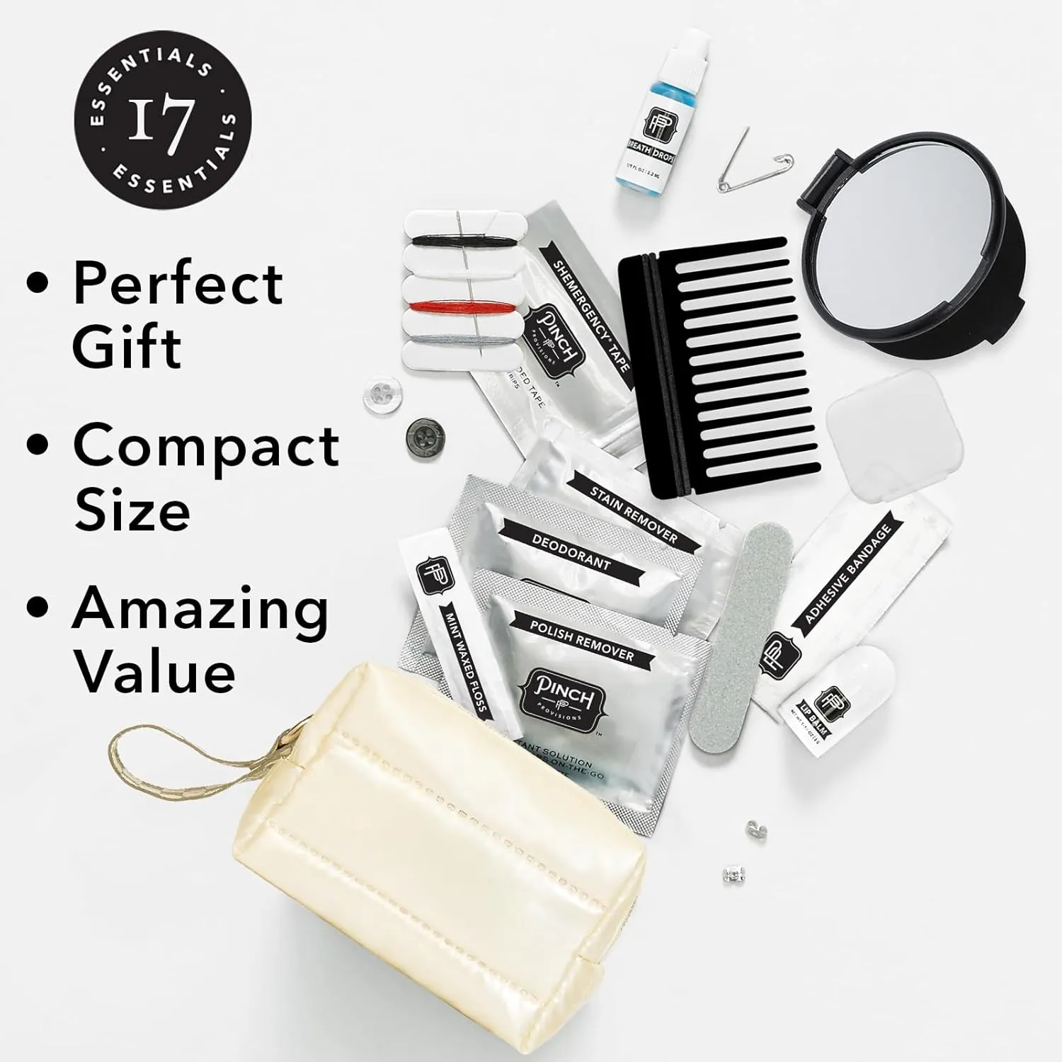 Pinch Provisions Ivory Puffer Minimergency Kit, Includes 17 Travel-Sized Cosmetic Essentials, Convenient for Purses, Emergency Beauty Accessories, Gifts for Holiday’s & Birthday’s