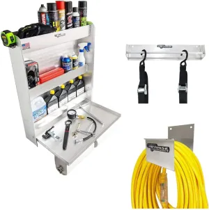 Pit Posse PP3302 Trailer Garage Cabinet Organizer Kit- Made in USA - Work Station Cabinet, Tie Down Ratchet Strap Rack, and Cord/Hose Hanger - Mounting Hardware - Aluminum - 5 Year Warranty