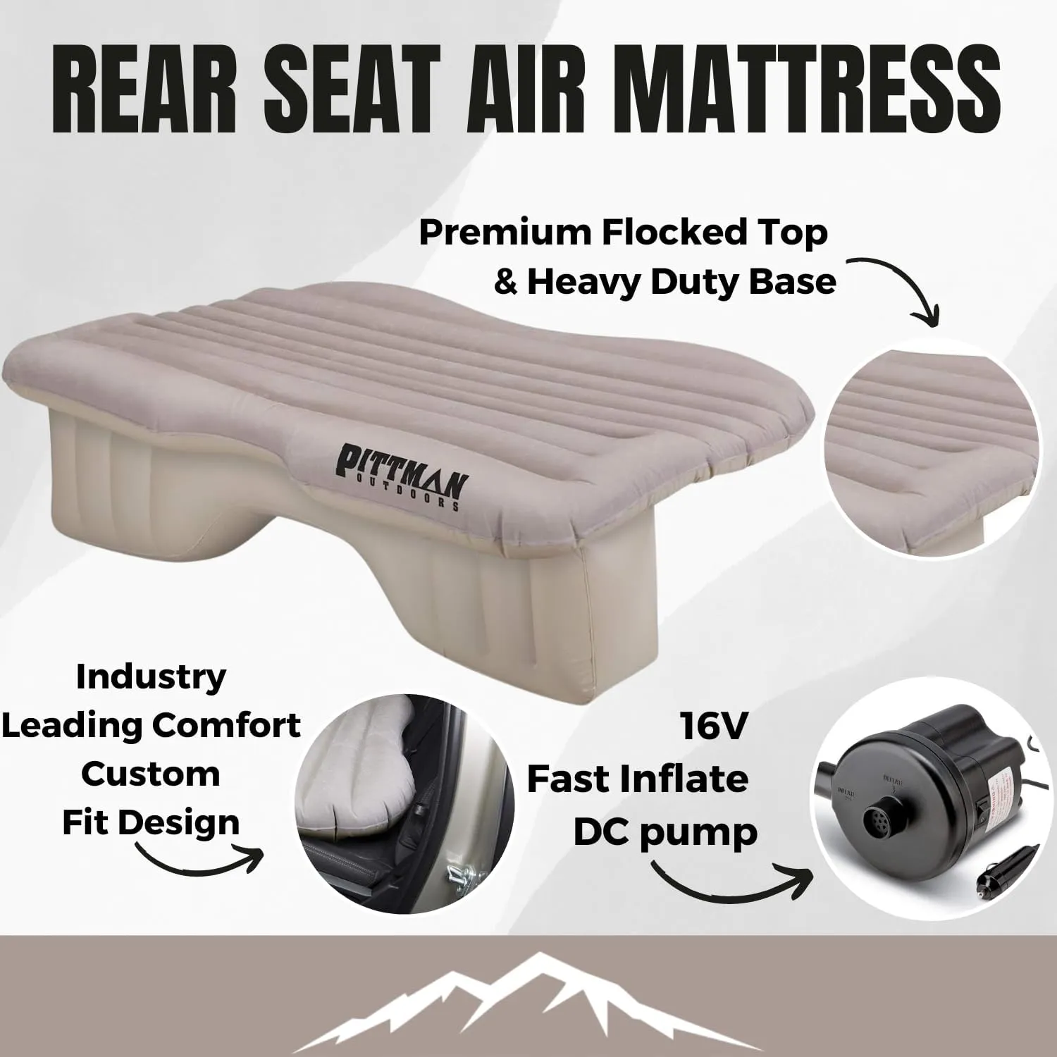 Pittman Outdoors AirBedz Backseat Heavy Duty PVC Air Mattress with Portable DC Air Pump, Mid-Size, Tan
