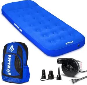 Pittman Outdoors - Kids Air Mattress - Blue Deluxe Blow up Twin Air Mattress for Kids - Inflatable Mattress Includes Electric Pump, Patch Kit & Color Matching Travel Backpack