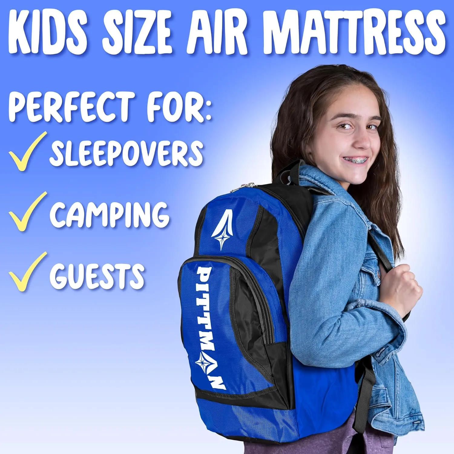 Pittman Outdoors - Kids Air Mattress - Blue Deluxe Blow up Twin Air Mattress for Kids - Inflatable Mattress Includes Electric Pump, Patch Kit & Color Matching Travel Backpack