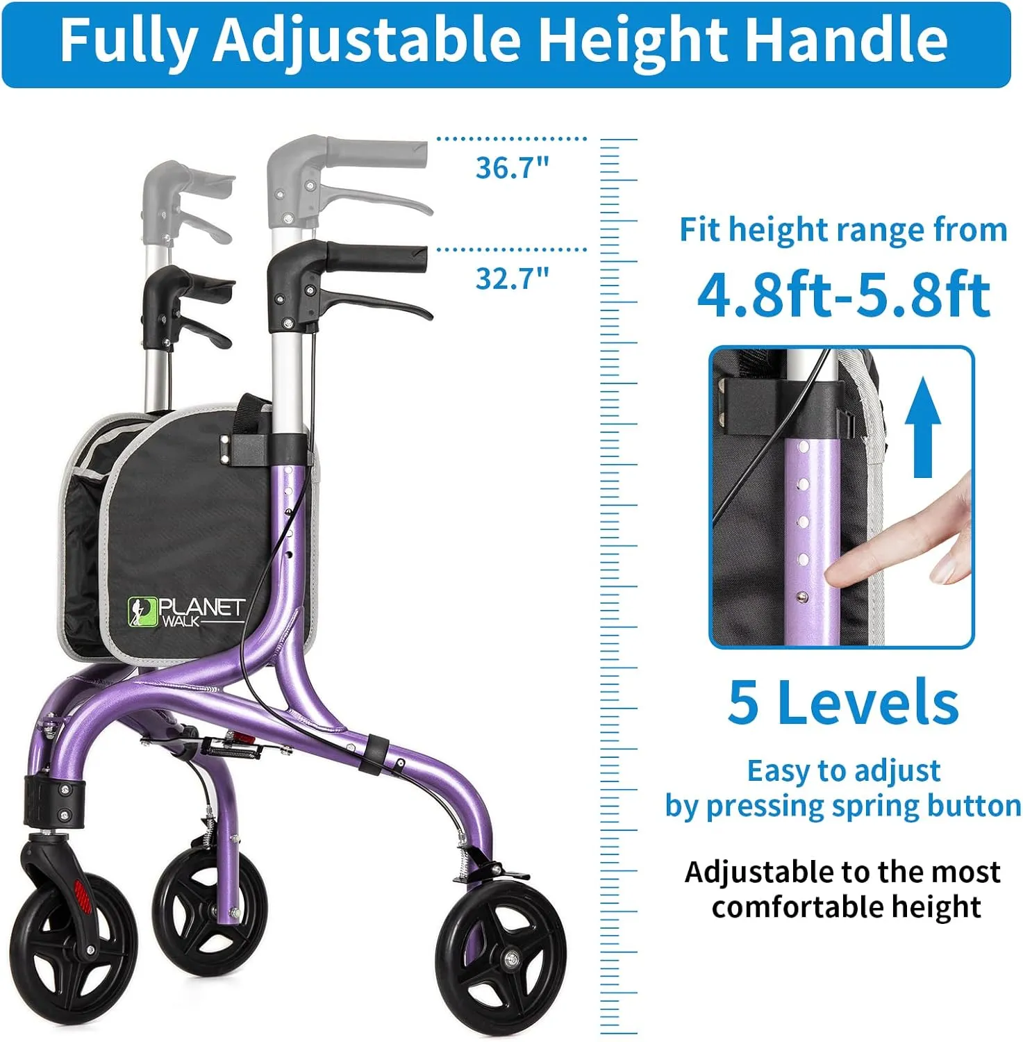Planetwalk Premium 3 Wheel Rollator Walker for Seniors - Ultra Lightweight Foldable Walker for Elderly, Aluminum Three Wheel Mobility Aid, Dark Purple