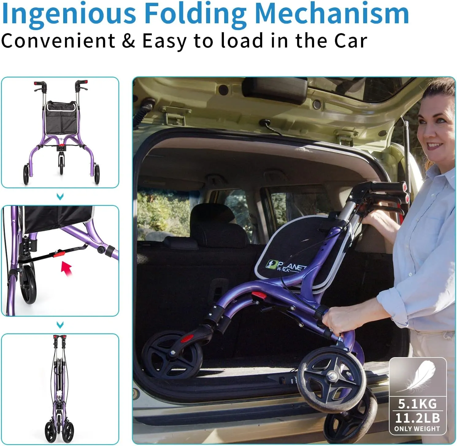 Planetwalk Premium 3 Wheel Rollator Walker for Seniors - Ultra Lightweight Foldable Walker for Elderly, Aluminum Three Wheel Mobility Aid, Dark Purple