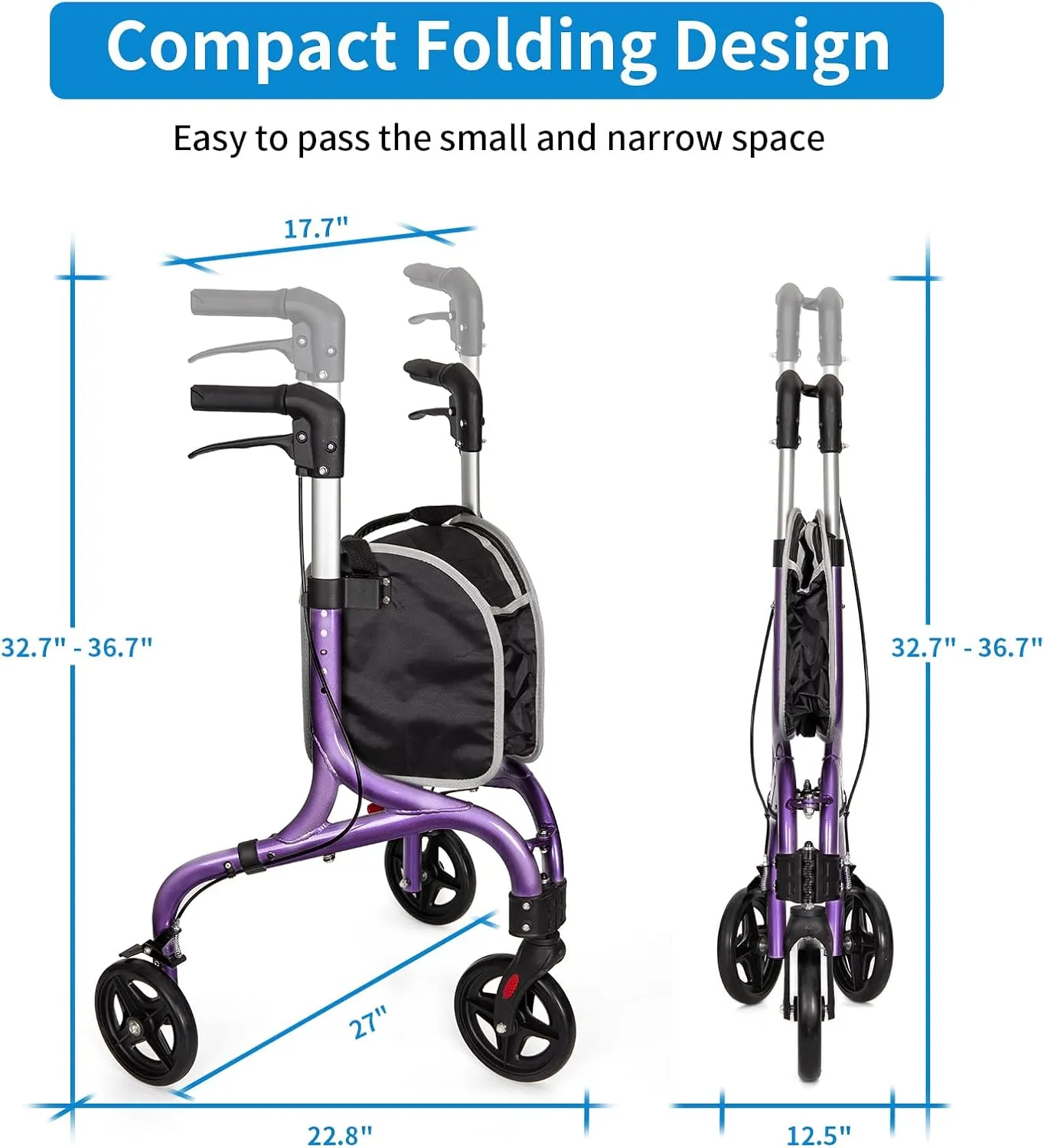 Planetwalk Premium 3 Wheel Rollator Walker for Seniors - Ultra Lightweight Foldable Walker for Elderly, Aluminum Three Wheel Mobility Aid, Dark Purple