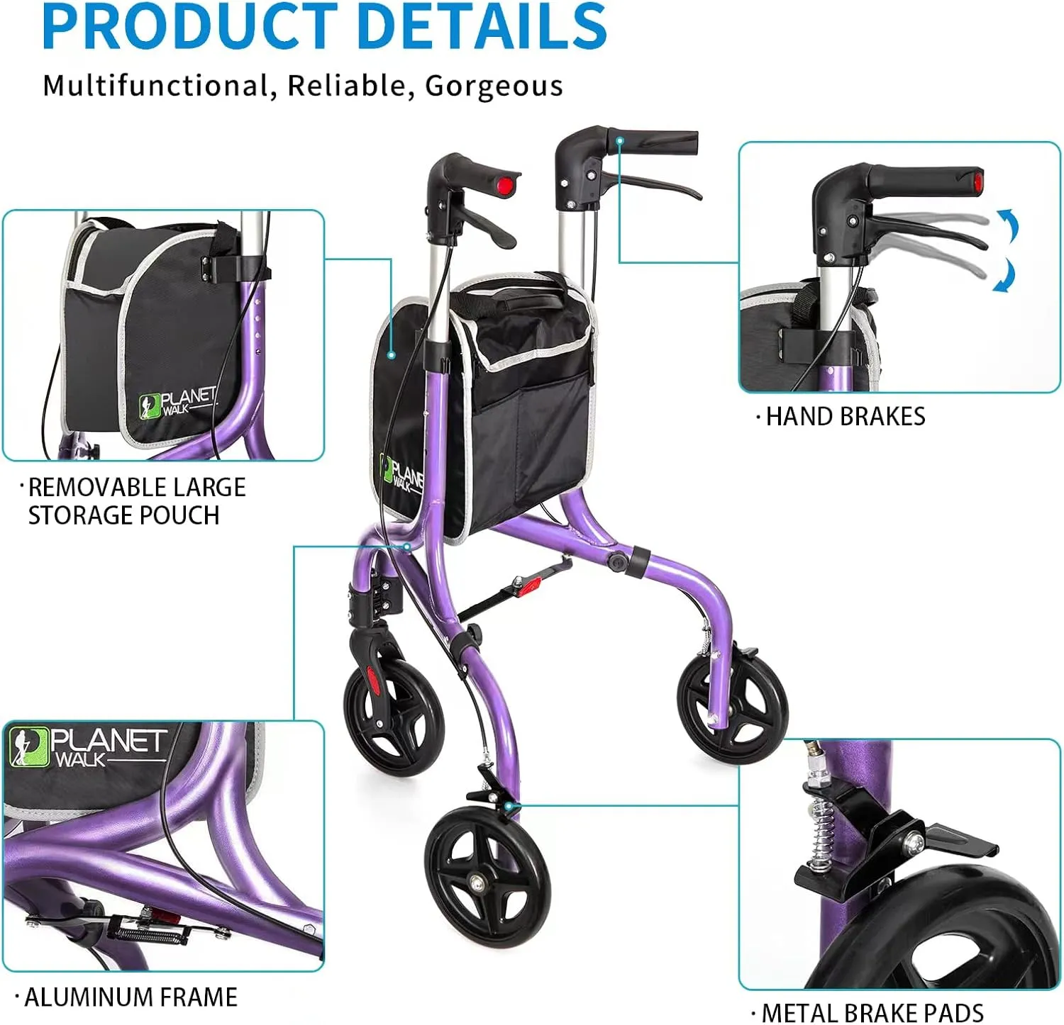 Planetwalk Premium 3 Wheel Rollator Walker for Seniors - Ultra Lightweight Foldable Walker for Elderly, Aluminum Three Wheel Mobility Aid, Dark Purple