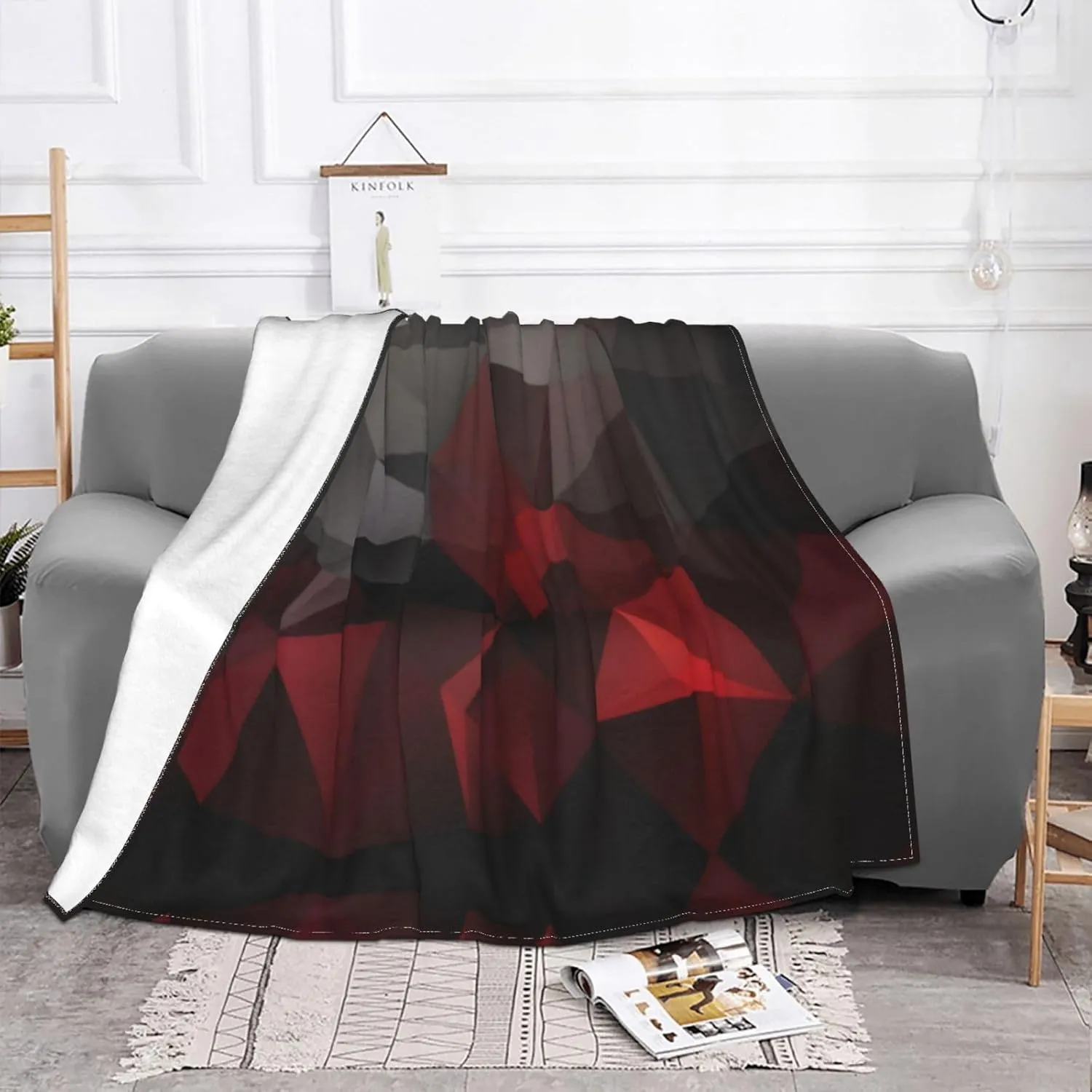 Polygonal, Black and Red 60"X50" Flannel Blanket - 100% Soft Polyester, Lightweight and Warm, Suitable for Families, Camping, Travel