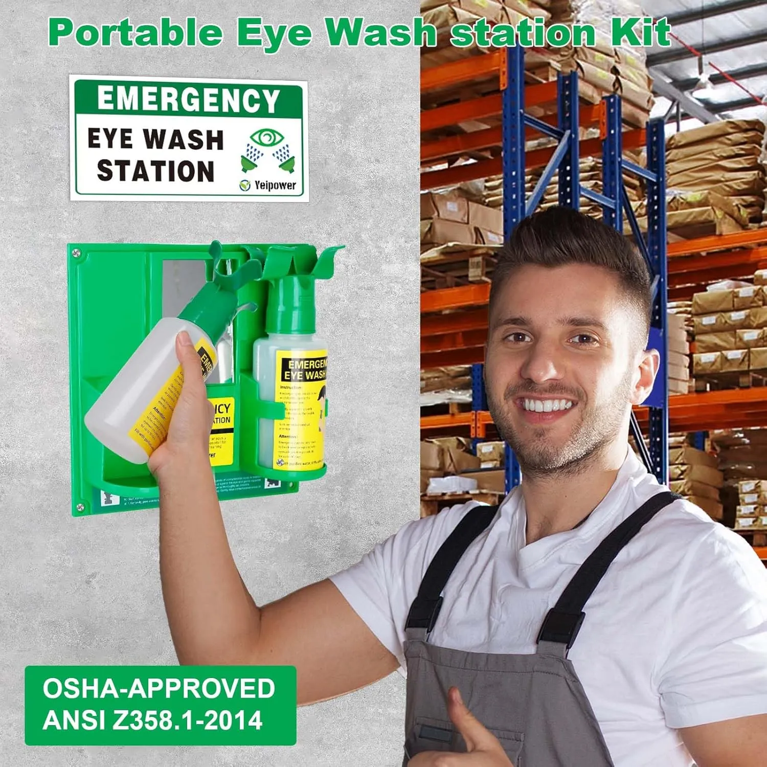 Portable Eyewash Station OSHA-Approved - Upgraded Emergency Eye Wash Bottles Flush Kit Clean Both Eyes Simultaneously Wall Mounted 16oz （No Solution）