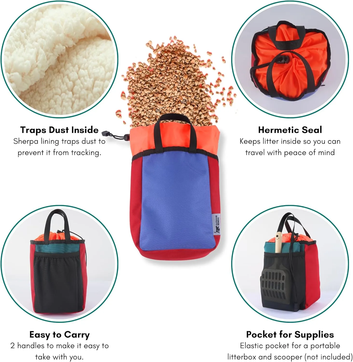 Portable Litter-Bag by OutdoorBengal, Mess Free, Leak Proof Bag with Lid for Traveling with Cats, Emergency Evacuation Litter Kit (Air, Car, Van, Camping, Plane and Hotel Traveling with Your Kitty)