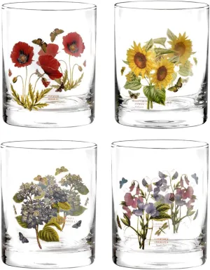 Portmeirion Botanic Garden 16oz Double Old Fashioned Glasses, Set of 4 - Assorted Floral Motifs, Durable Glassware for Home Bars, Weddings, Special Occasions - Everyday Decorative Glassware