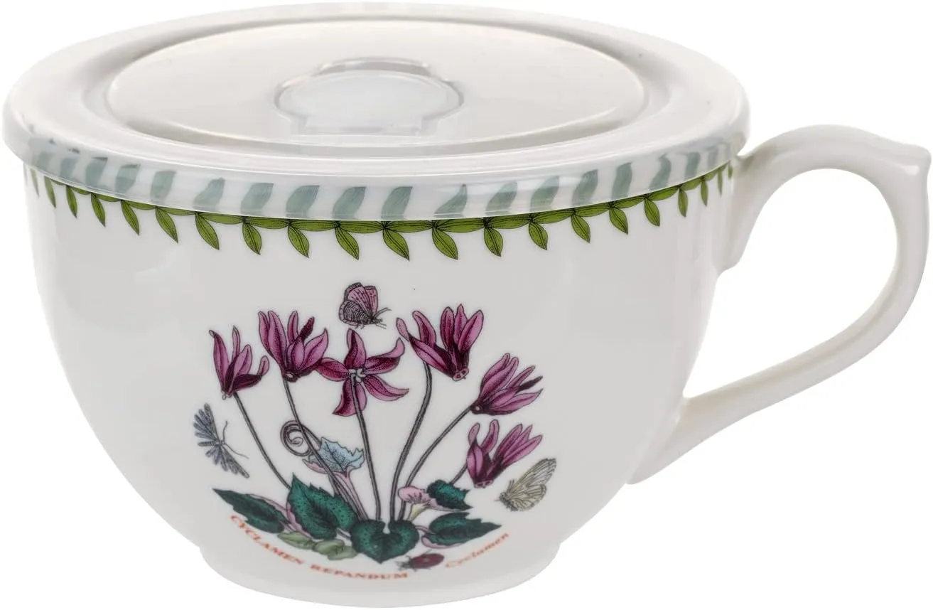 Portmeirion Botanic Garden 20oz Jumbo Cup with Lid, Cyclamen Motif - Fine Porcelain Mug with Chip Resistant Glaze, Dishwasher & Microwave Safe - Floral Print Mug Ideal for Coffee, Tea, Soup