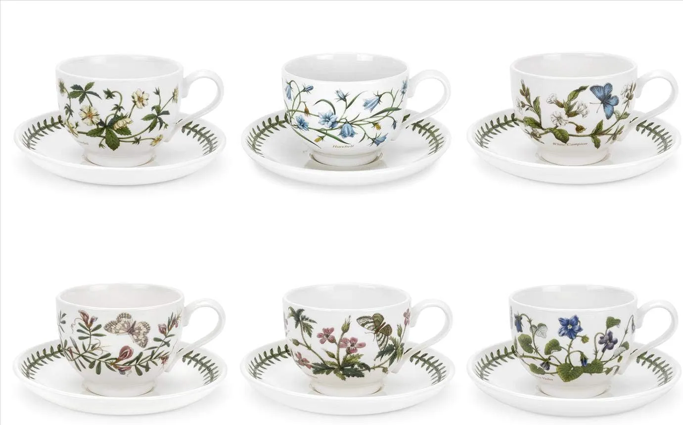 Portmeirion Botanic Garden 7oz Teacup & Saucer (Set of 4) - Poppy Motif, Earthenware Tea Set, Chip-Resistant Glaze - Dishwasher, Microwave, Freezer, Warm Oven Safe - Floral Afternoon Tea Drinkware