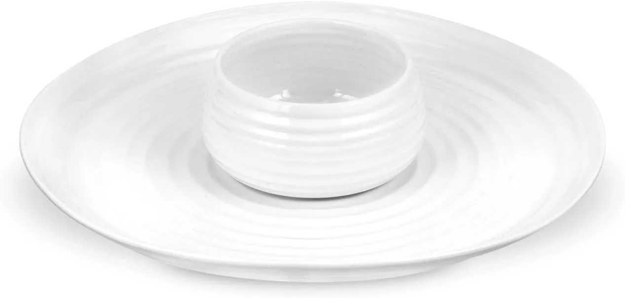 Portmeirion Sophie Conran White 2-Piece Chip and Dip Set | Round Serving Tray for Appetizers, Veggies, and Snacks | Made from Fine Porcelain | Dishwasher and Microwave Safe