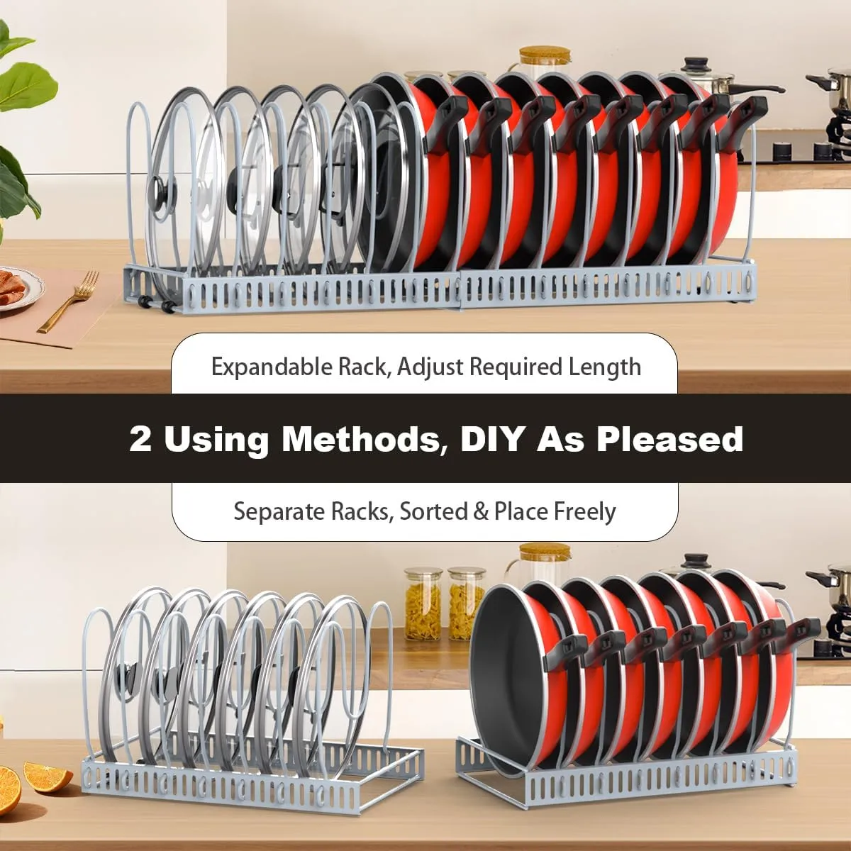 Pot and Pan Organizer Rack for Cabinet, Upgraded Expandable Pot Lid Organizer with 14 Adjustable Dividers, Pan Holder Storage Rack for Kitchen Cabinet, Grey