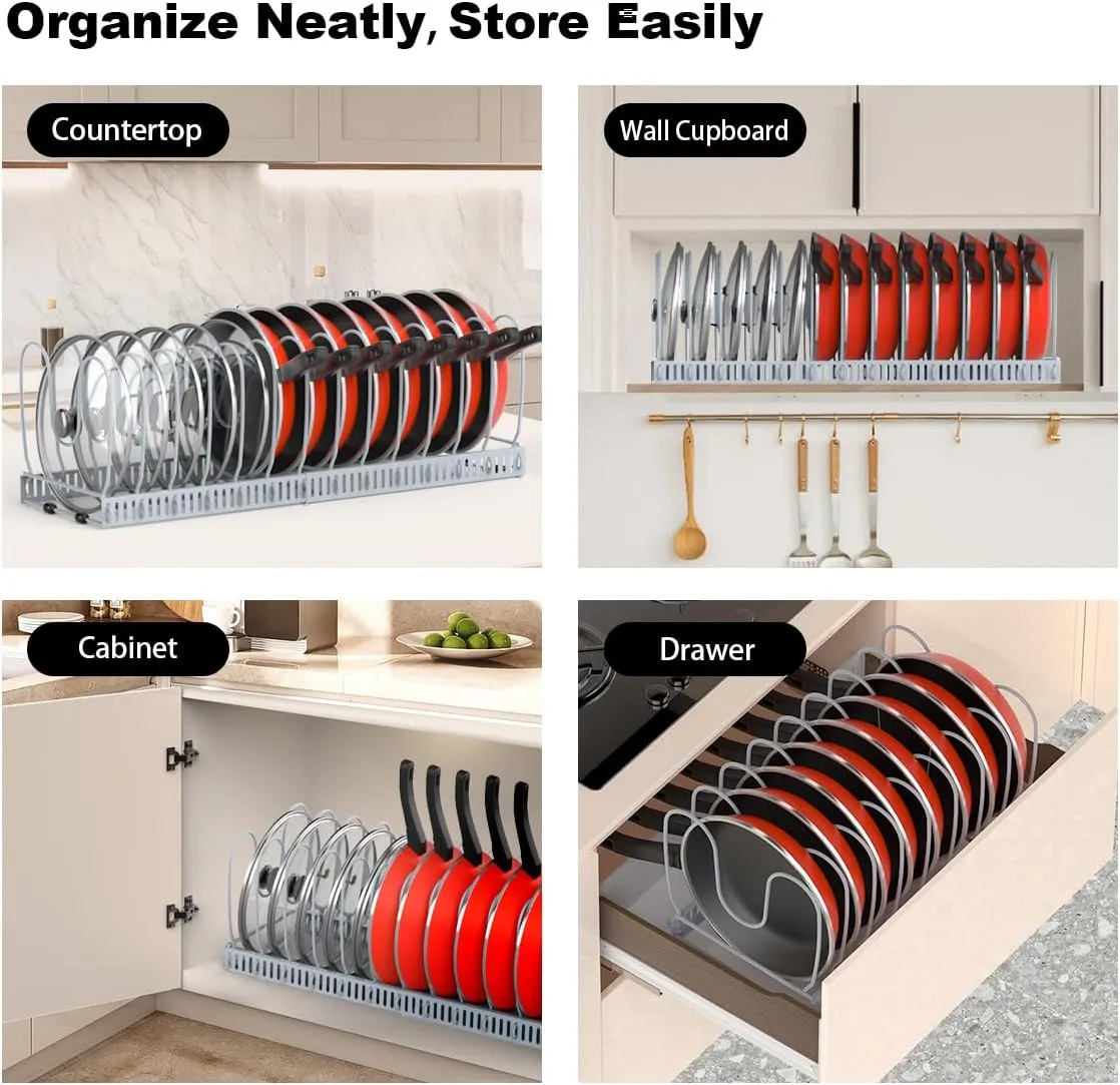 Pot and Pan Organizer Rack for Cabinet, Upgraded Expandable Pot Lid Organizer with 14 Adjustable Dividers, Pan Holder Storage Rack for Kitchen Cabinet, Grey