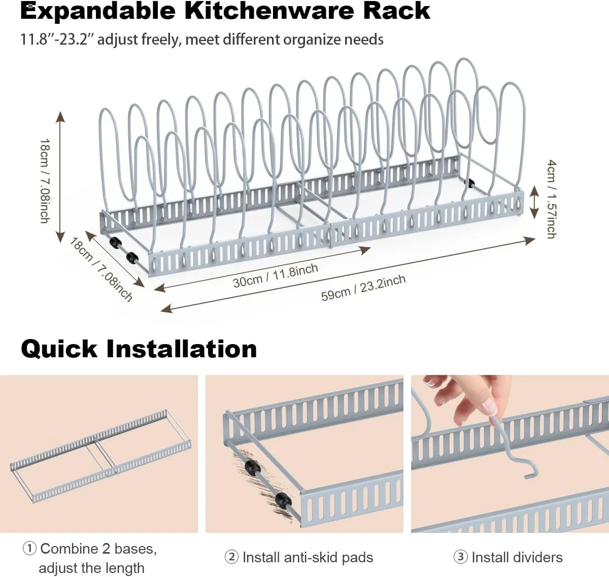 Pot and Pan Organizer Rack for Cabinet, Upgraded Expandable Pot Lid Organizer with 14 Adjustable Dividers, Pan Holder Storage Rack for Kitchen Cabinet, Grey