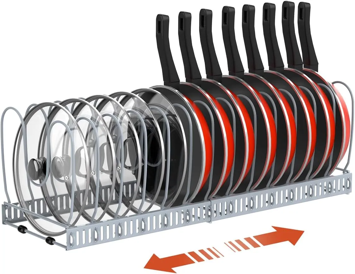 Pot and Pan Organizer Rack for Cabinet, Upgraded Expandable Pot Lid Organizer with 14 Adjustable Dividers, Pan Holder Storage Rack for Kitchen Cabinet, Grey