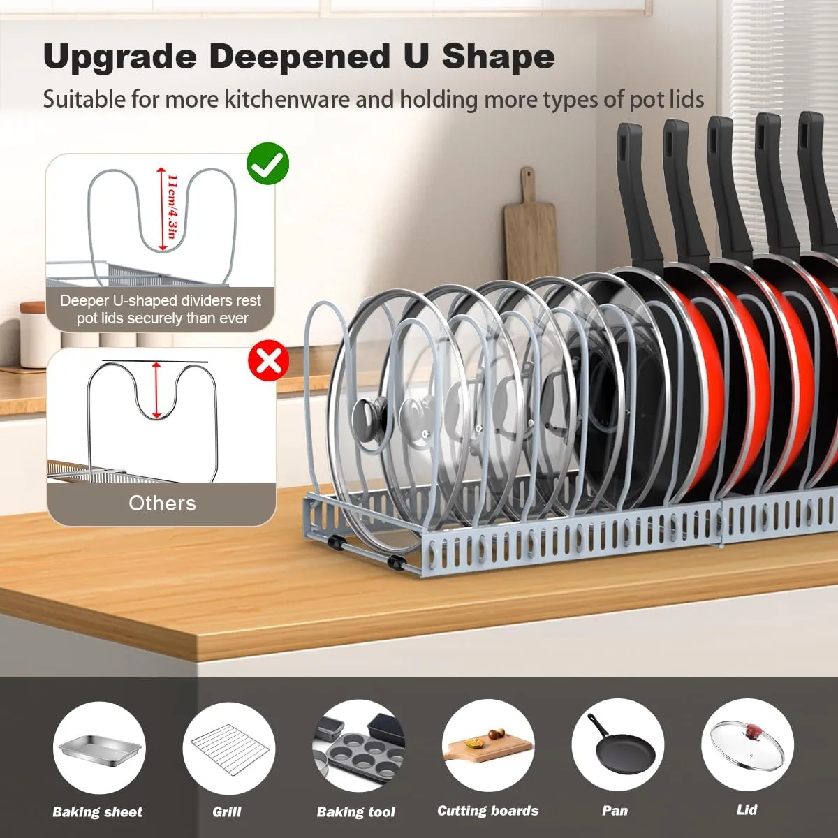Pot and Pan Organizer Rack for Cabinet, Upgraded Expandable Pot Lid Organizer with 14 Adjustable Dividers, Pan Holder Storage Rack for Kitchen Cabinet, Grey