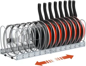 Pot and Pan Organizer Rack for Cabinet, Upgraded Expandable Pot Lid Organizer with 14 Adjustable Dividers, Pan Holder Storage Rack for Kitchen Cabinet, Grey