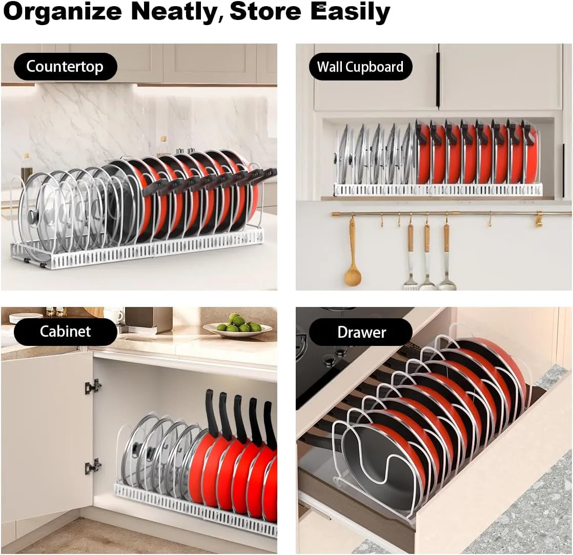 Pot and Pan Organizer Rack for Cabinet, Upgraded Expandable Pot Lid Organizer with 14 Adjustable Dividers, Pan Holder Storage Rack for Kitchen Cabinet, White