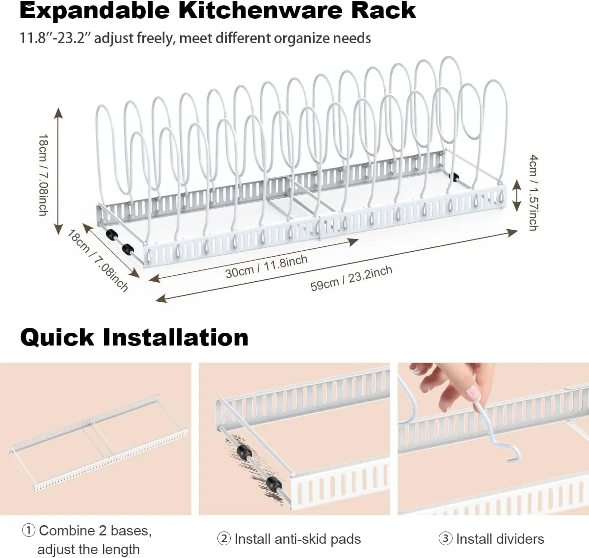 Pot and Pan Organizer Rack for Cabinet, Upgraded Expandable Pot Lid Organizer with 14 Adjustable Dividers, Pan Holder Storage Rack for Kitchen Cabinet, White