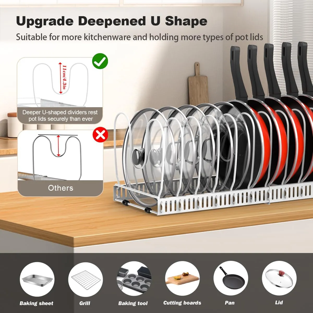 Pot and Pan Organizer Rack for Cabinet, Upgraded Expandable Pot Lid Organizer with 14 Adjustable Dividers, Pan Holder Storage Rack for Kitchen Cabinet, White