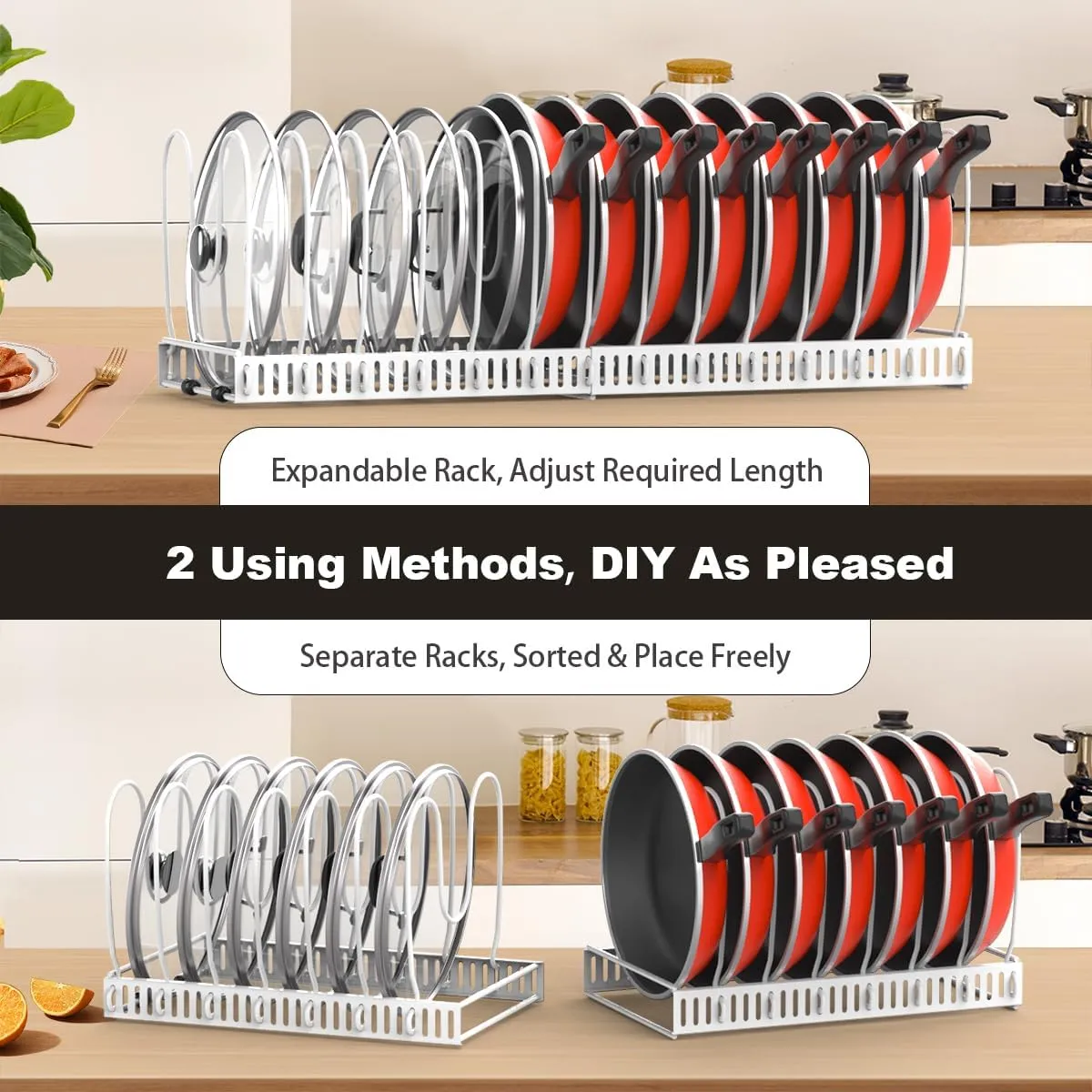 Pot and Pan Organizer Rack for Cabinet, Upgraded Expandable Pot Lid Organizer with 14 Adjustable Dividers, Pan Holder Storage Rack for Kitchen Cabinet, White