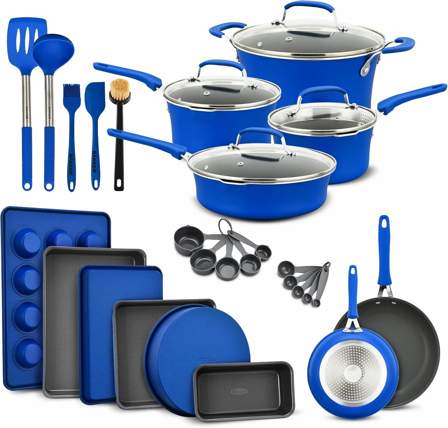 Pots and Pans Set Non Stick Ceramic, 23-Piece Cookware & Bakeware Sets with Plaid Pattern, Stackable Design, Dishwasher Safe, Stain-resistant, Oven & All-Stove Safe, Tempered Glass Lid, Blue
