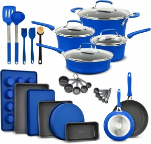 Pots and Pans Set Non Stick Ceramic, 23-Piece Cookware & Bakeware Sets with Plaid Pattern, Stackable Design, Dishwasher Safe, Stain-resistant, Oven & All-Stove Safe, Tempered Glass Lid, Blue