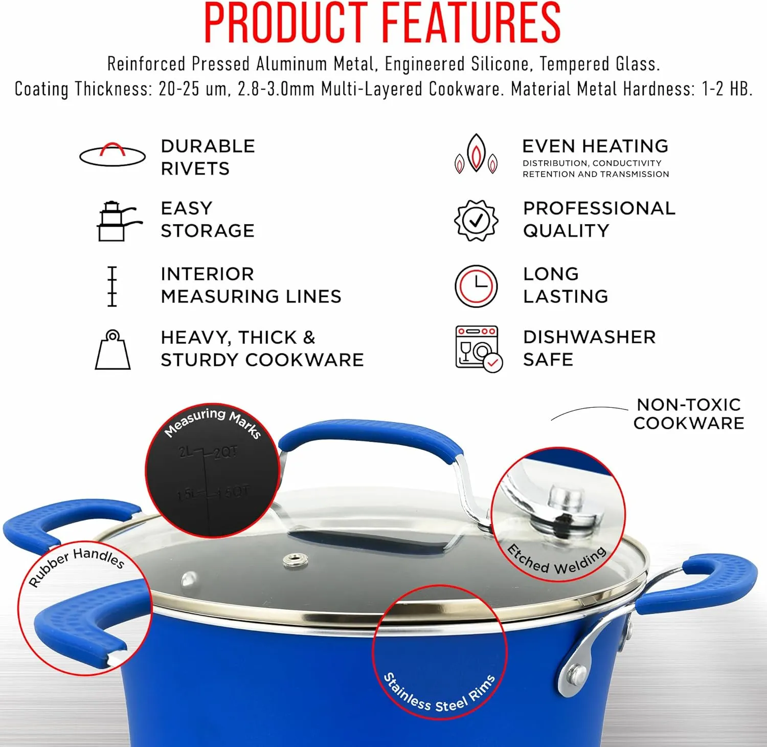 Pots and Pans Set Non Stick Ceramic, 23-Piece Cookware & Bakeware Sets with Plaid Pattern, Stackable Design, Dishwasher Safe, Stain-resistant, Oven & All-Stove Safe, Tempered Glass Lid, Blue