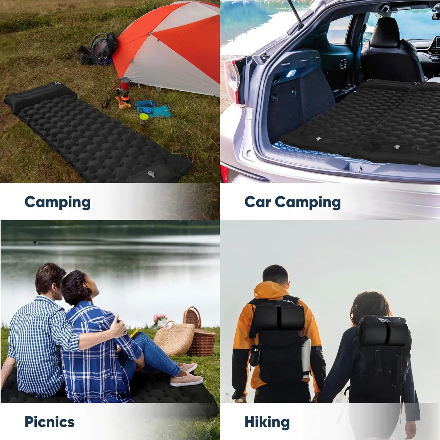 POWERLIX Sleeping Pad for Camping with Built in Pillow, Foot Pump Inflatable Camping Mat Bed, Lightweight Outdoor Camping Air Mattress Camping Pad for Backpacking Hiking Travelling Black