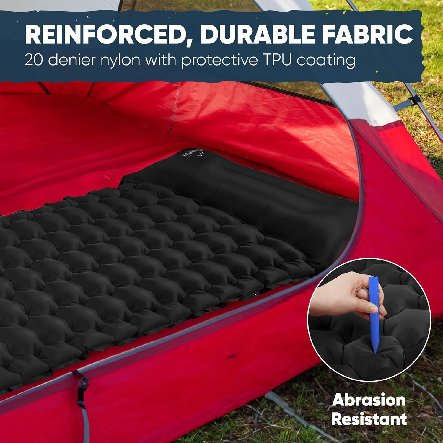 POWERLIX Sleeping Pad for Camping with Built in Pillow, Foot Pump Inflatable Camping Mat Bed, Lightweight Outdoor Camping Air Mattress Camping Pad for Backpacking Hiking Travelling Black