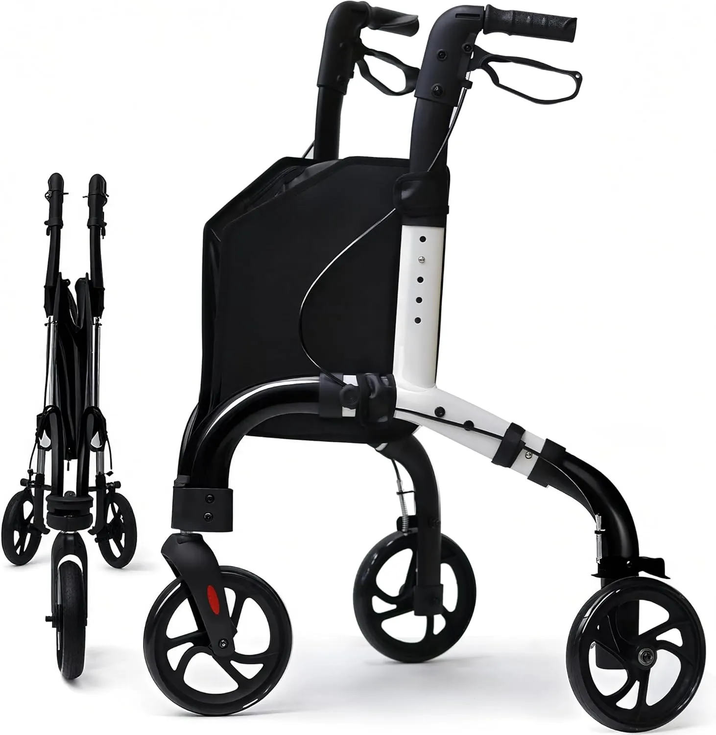 Premium 3 Wheel Rollator Walker for Seniors, Lightweight Foldable Elderly Three Wheeled Rollator with Storage Bag, Aluminum Mobility Aid Rolling Walker (Black & White)