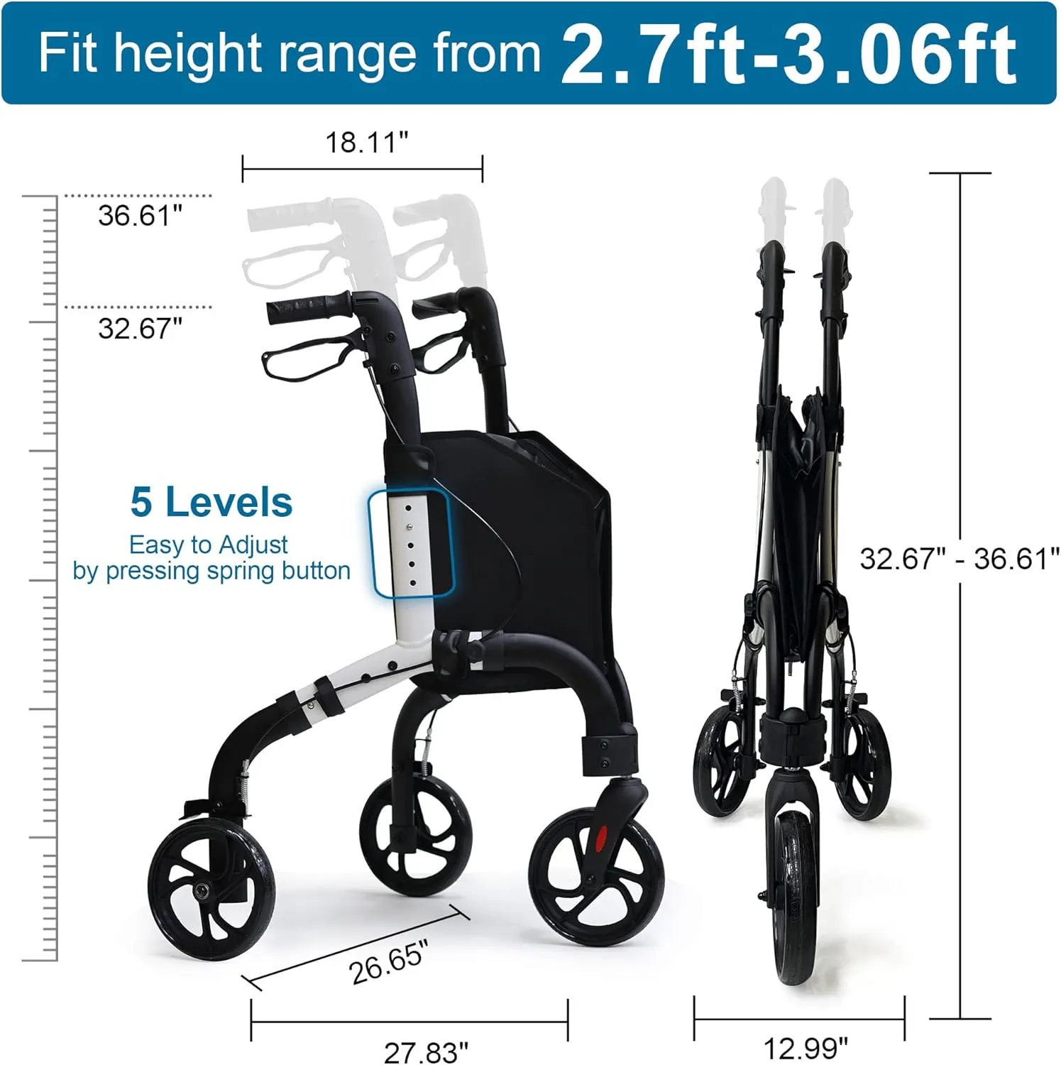 Premium 3 Wheel Rollator Walker for Seniors, Lightweight Foldable Elderly Three Wheeled Rollator with Storage Bag, Aluminum Mobility Aid Rolling Walker (Black & White)