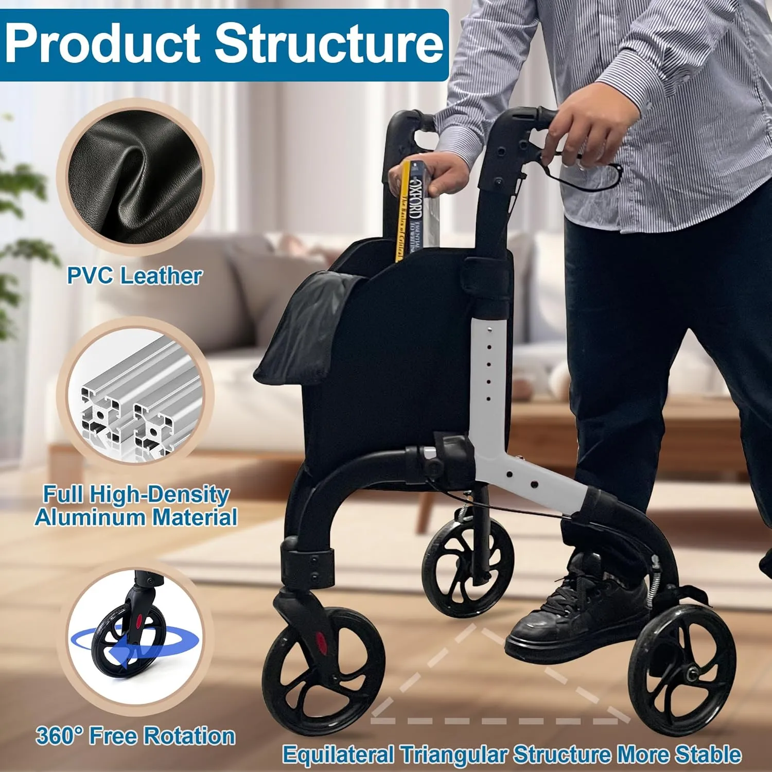 Premium 3 Wheel Rollator Walker for Seniors, Lightweight Foldable Elderly Three Wheeled Rollator with Storage Bag, Aluminum Mobility Aid Rolling Walker (Black & White)