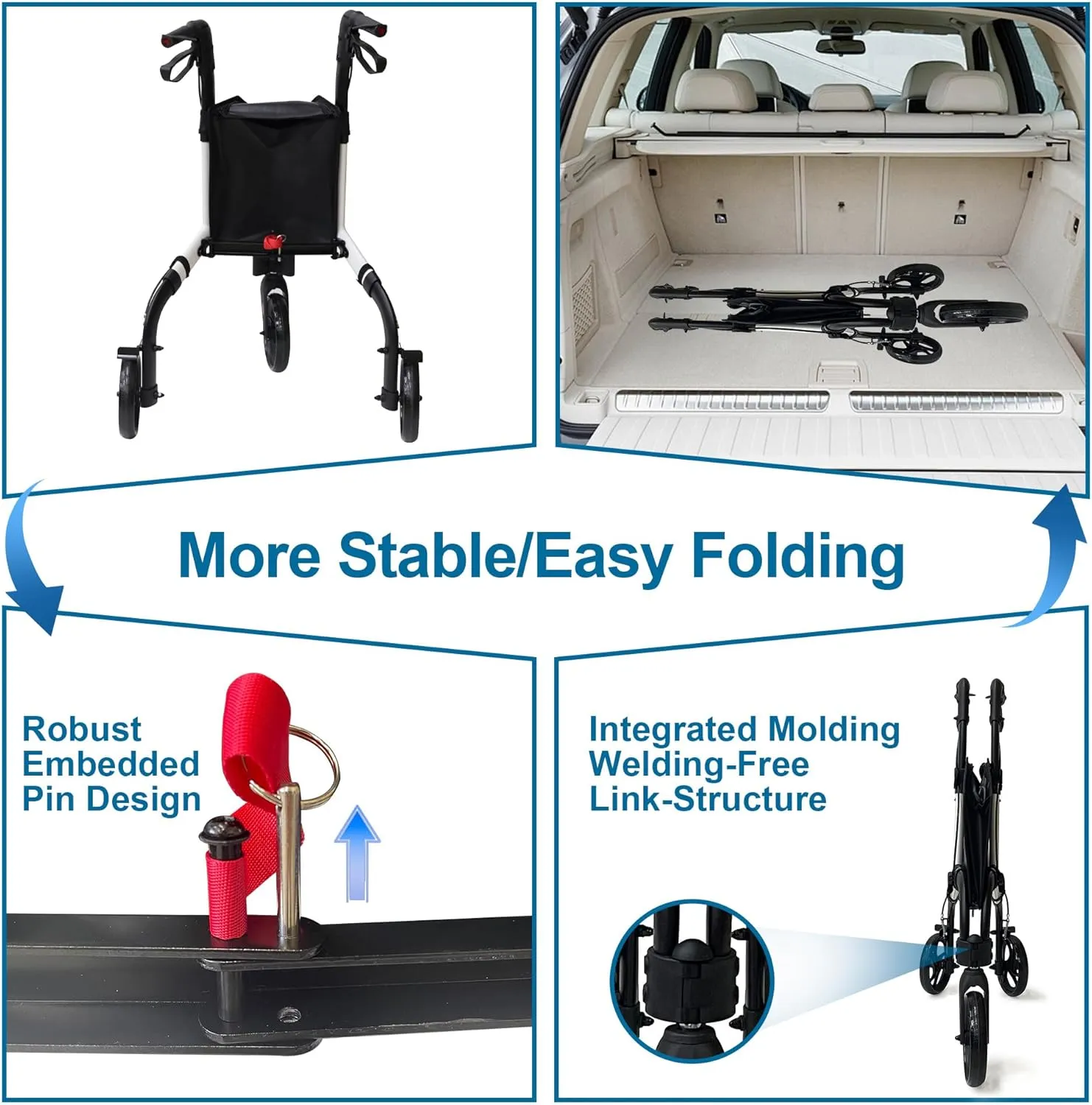 Premium 3 Wheel Rollator Walker for Seniors, Lightweight Foldable Elderly Three Wheeled Rollator with Storage Bag, Aluminum Mobility Aid Rolling Walker (Black & White)