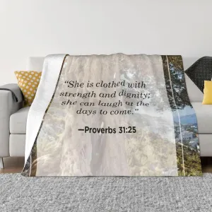 Proverbs 31 ：25 60"X50" Flannel Blanket - 100% Soft Polyester, Lightweight and Warm, Suitable for Families, Camping, Travel