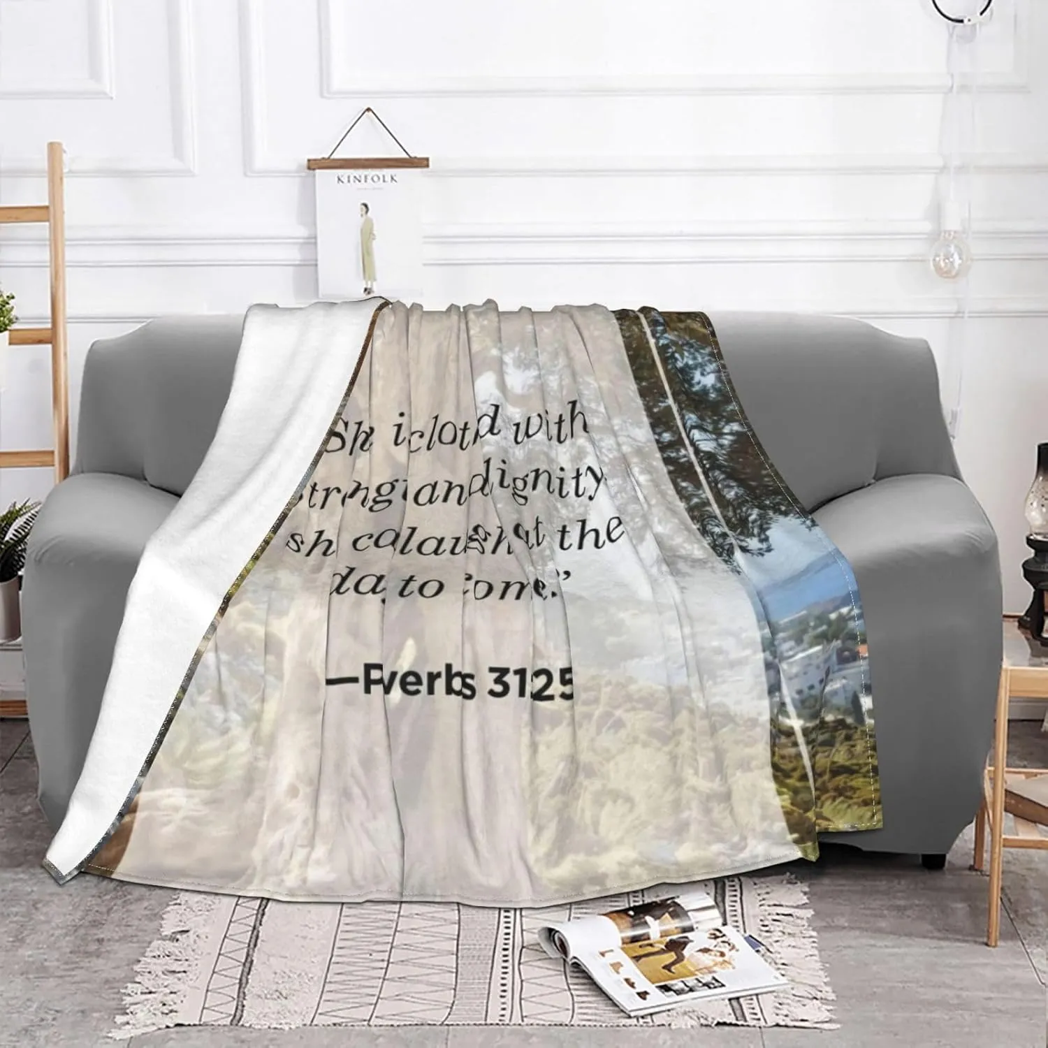 Proverbs 31 ：25 60"X50" Flannel Blanket - 100% Soft Polyester, Lightweight and Warm, Suitable for Families, Camping, Travel