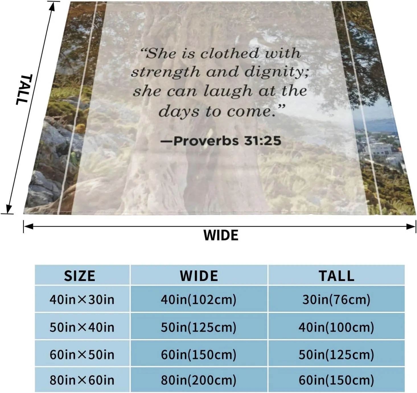 Proverbs 31 ：25 60"X50" Flannel Blanket - 100% Soft Polyester, Lightweight and Warm, Suitable for Families, Camping, Travel
