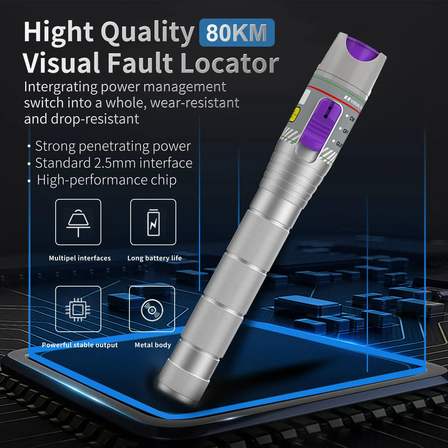 Purple 80KM Visual Fault Locator for Fiber Optic Cables, VFL Supports FC/ST/SC Interfaces, Long-Range Fault Finder, Fiber Light Pen Tester, High-Precision OTDR Mapping Tool for FTTH, Telecom