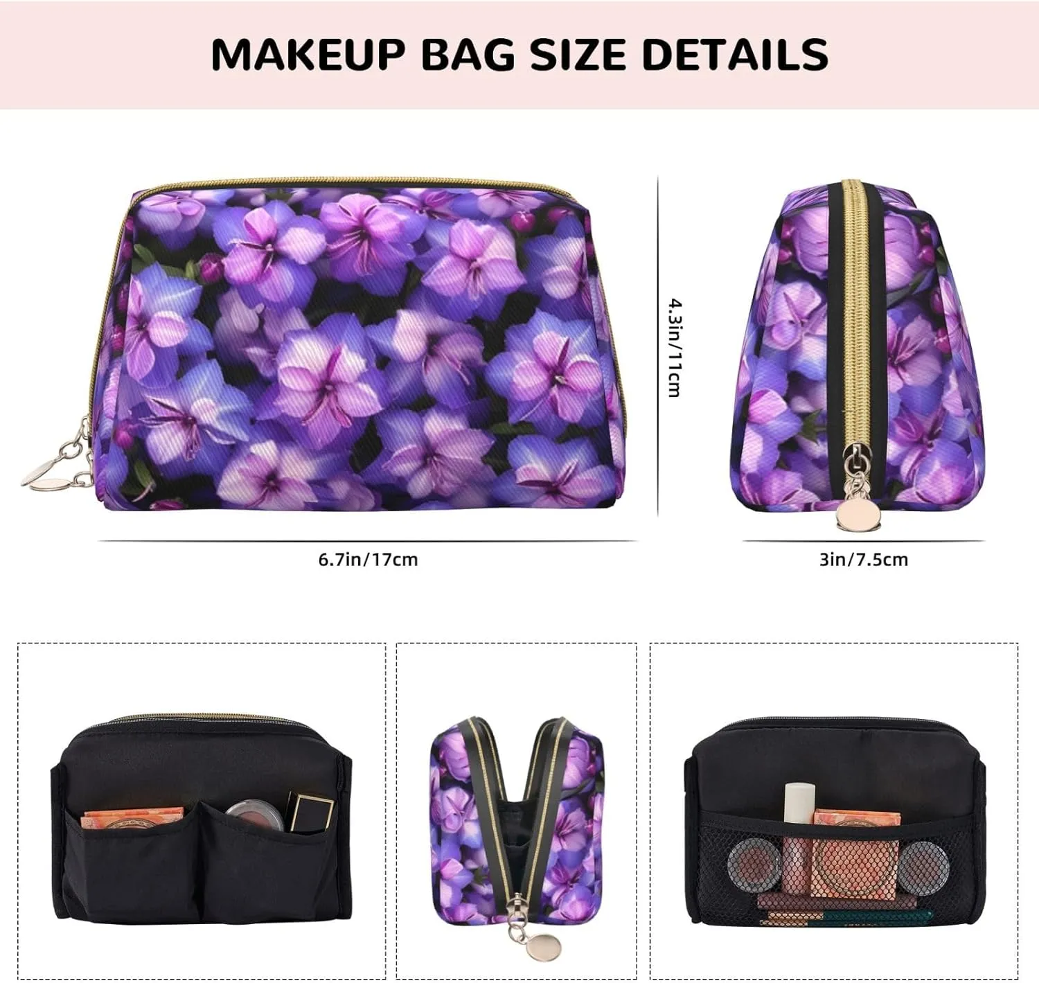 Purple Butterfly Print Toiletry Pouch, Travel-Friendly Makeup Organizer For Makeup Brushes, Lipsticks