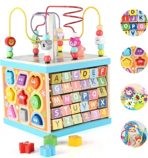 Qilay Wooden Activity Cube for Toddlers 1-3 (Large), 5 in 1 Multipurpose ABC-123 Abacus Bead Maze Shape Sorter | Early Educational Toy for Toddlers - First Birthday Present for Boys Girls