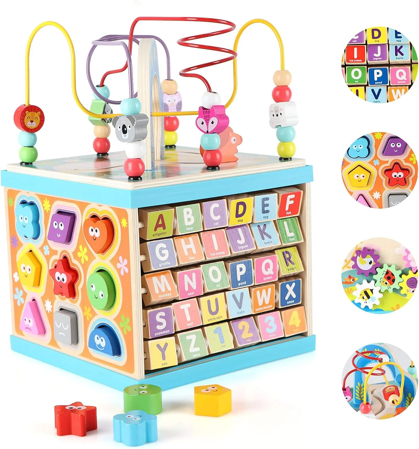 Qilay Wooden Activity Cube for Toddlers 1-3 (Large), 5 in 1 Multipurpose ABC-123 Abacus Bead Maze Shape Sorter | Early Educational Toy for Toddlers - First Birthday Present for Boys Girls