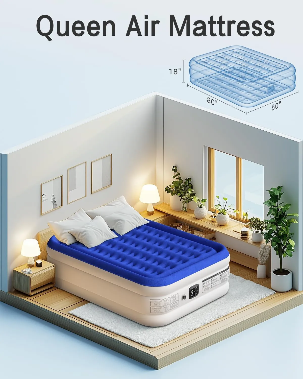Queen Air Mattress with Built in Pump Luxurious Comfort 18"Raised Inflatable Mattress Queen Airbed Blow Up Mattress for Home and Guests 80"*60"*18"Air Bed 3 Mins Fast Inflate/Deflate 660lbs Max