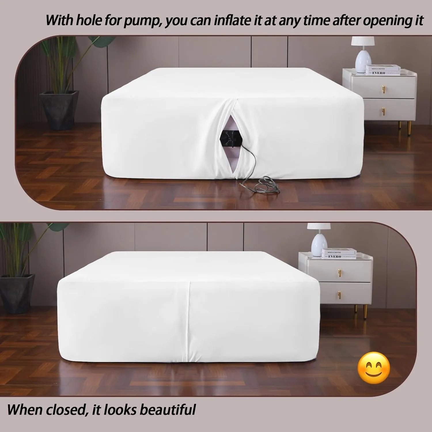 Queen Fitted Sheet for Air Mattress,with 24 Inch Extra Deep Pockets,Ultra Soft Durable Breathable Bed Sheets Cover for Inflatable Air Bed,with Pump Opening,Inflate at Any Time-White