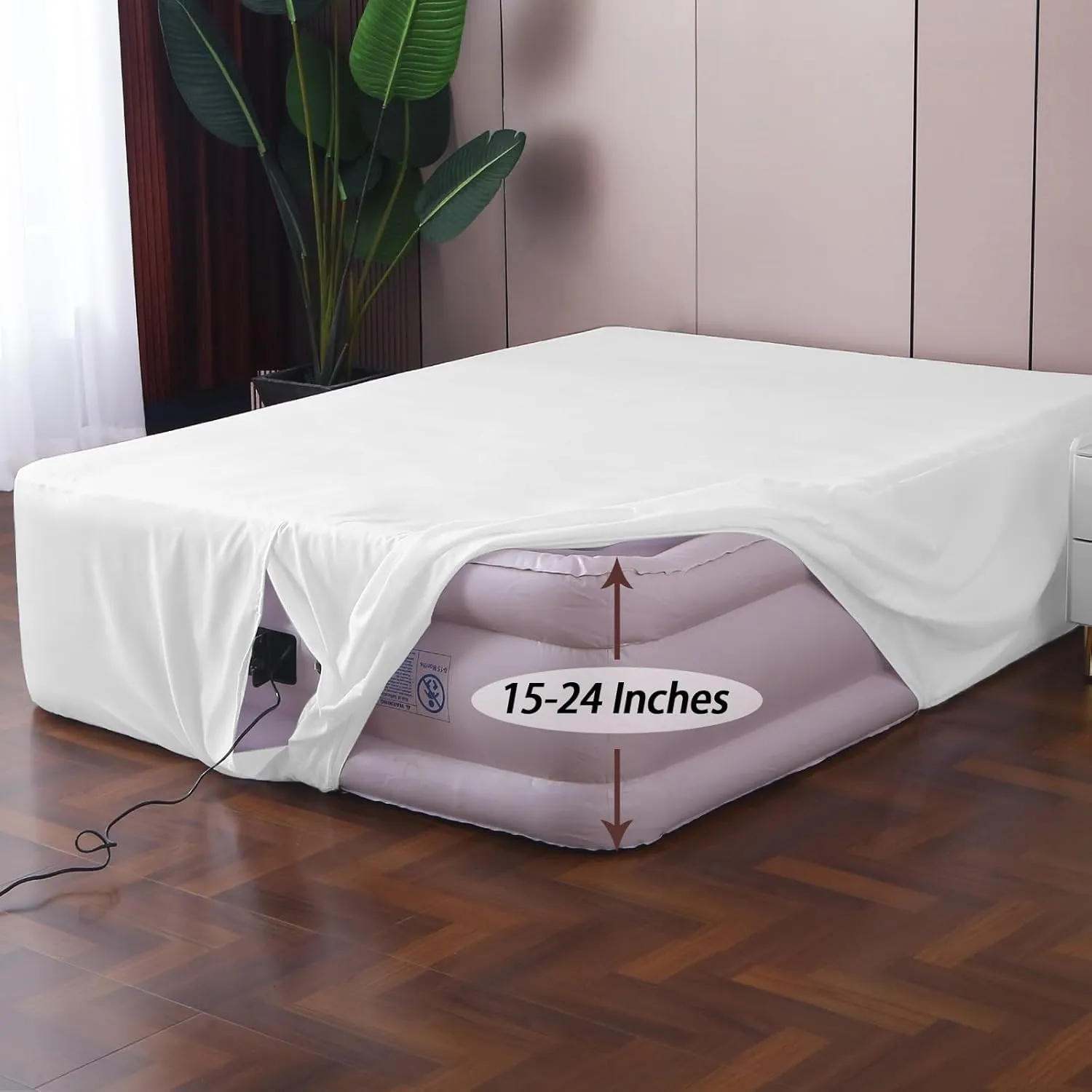 Queen Fitted Sheet for Air Mattress,with 24 Inch Extra Deep Pockets,Ultra Soft Durable Breathable Bed Sheets Cover for Inflatable Air Bed,with Pump Opening,Inflate at Any Time-White