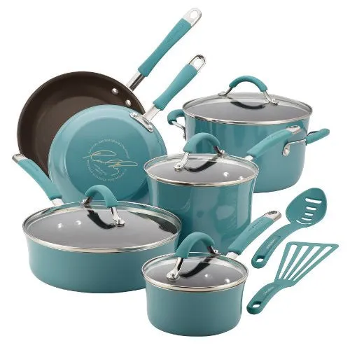 RACHAEL RAY CUCINA HARD PORCELAIN ENAMEL NONSTICK COOKWARE SET, 12-PIECE, AGAVE BLUE