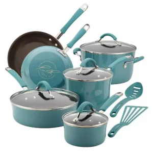 RACHAEL RAY CUCINA HARD PORCELAIN ENAMEL NONSTICK COOKWARE SET, 12-PIECE, AGAVE BLUE