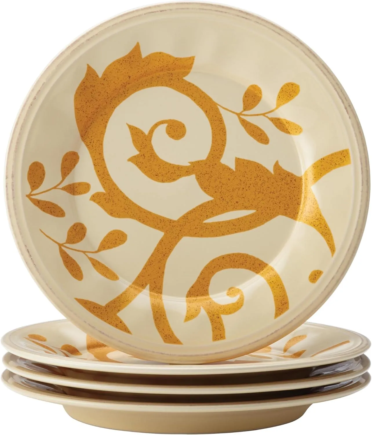 Rachael Ray Dinnerware Gold Scroll 4-Piece Salad Plate Set, Almond Cream