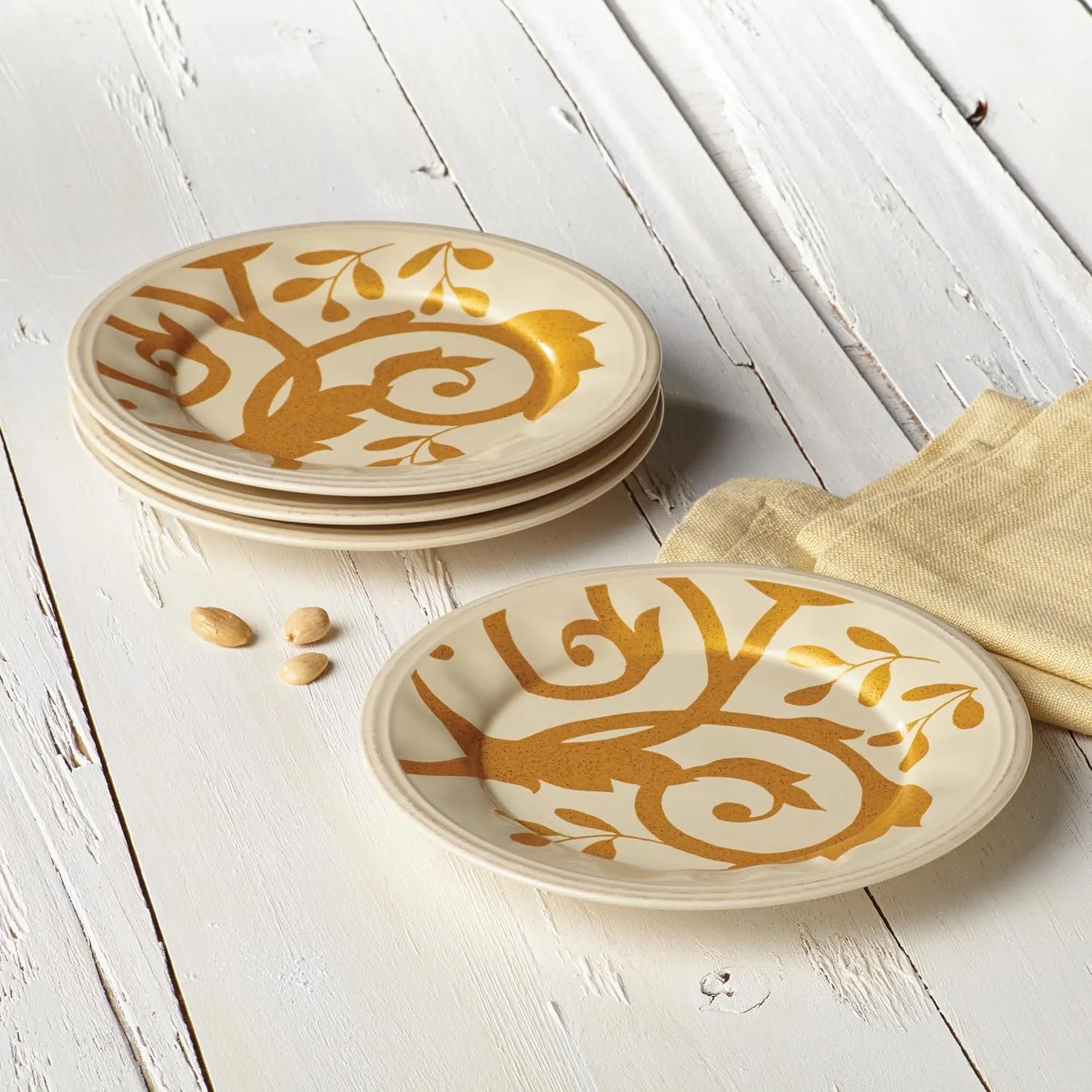 Rachael Ray Dinnerware Gold Scroll 4-Piece Salad Plate Set, Almond Cream