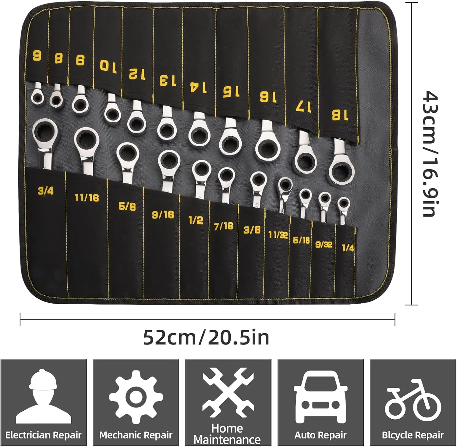 Ratcheting Wrench Set, Combination Wrench Set, 22-Piece SAE & Metric and Standard, 72Th Long Open End, 1/4" to 3/4" & 6-18mm, Organizer With Roll Up Pouch, CR-V Socket Mechanic Hand Tools Sets